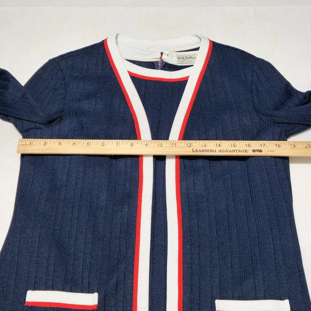 Iconic Wolf Brothers Of Florida Blue Cardigan Red White Stripes Pockets Size 14